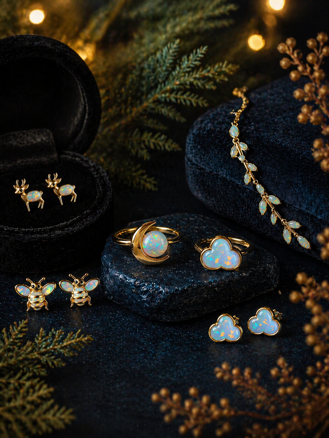 An assortment of opal and gold jewelry — bees, deer, moons, and a leaf bracelet — arranged on dark velvet with pine and golden berries