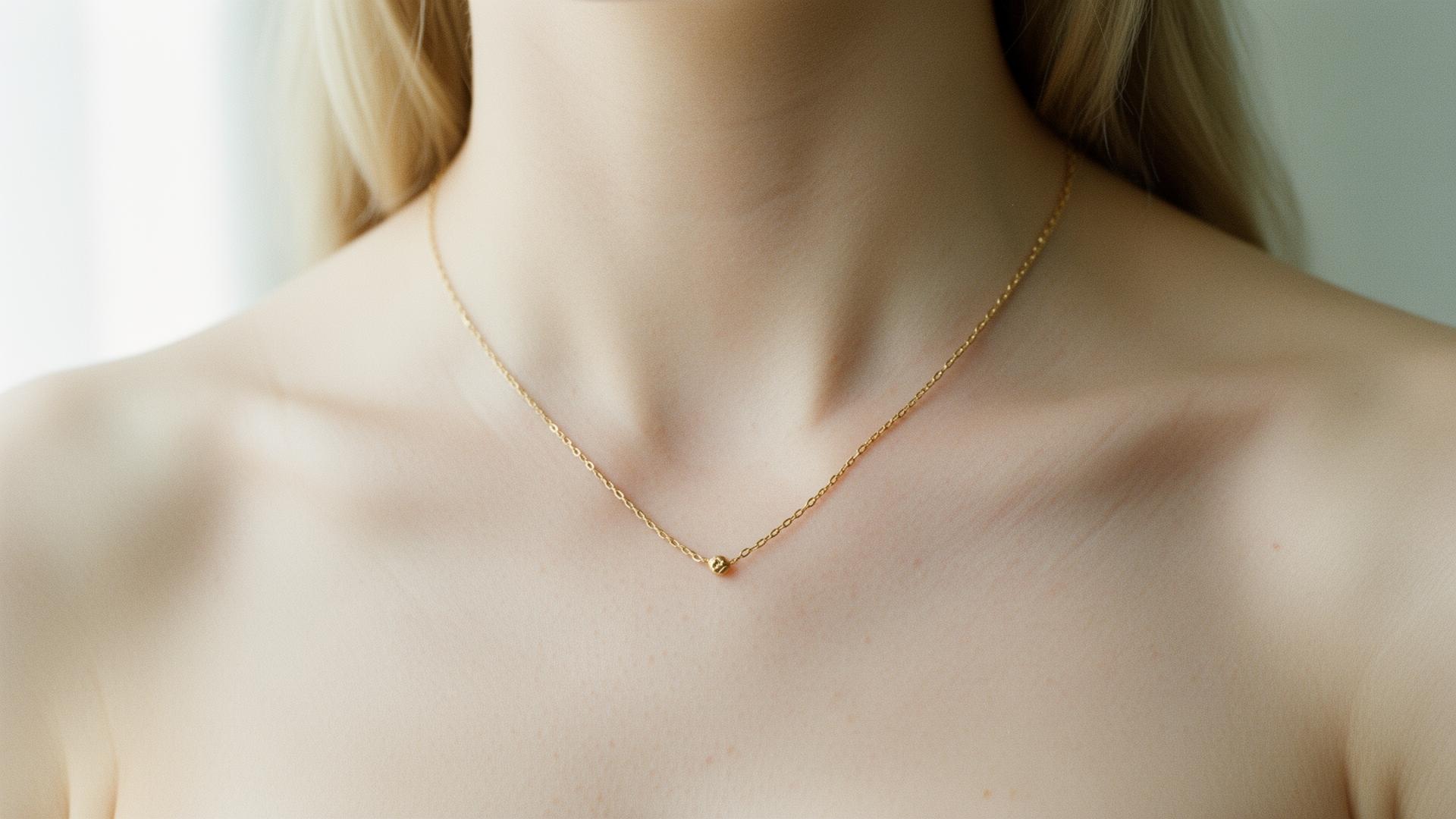 A delicate gold pendant rests on a collarbone in soft window light